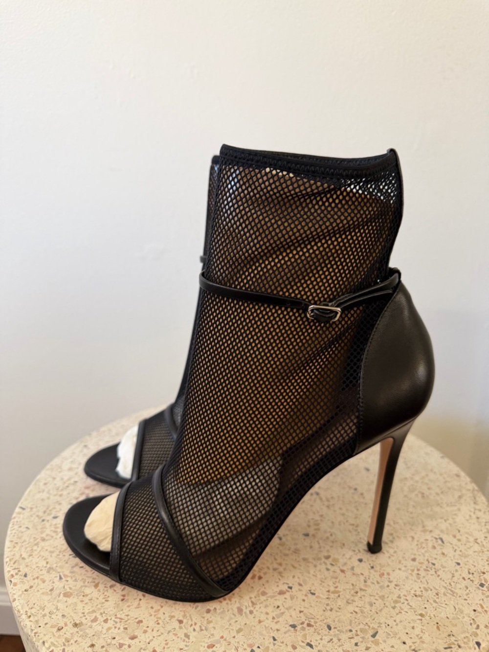 Gianvito Rossi Black Mesh Peep-Toe Stiletto Booties with Ankle Strap - Picture 2 of 7